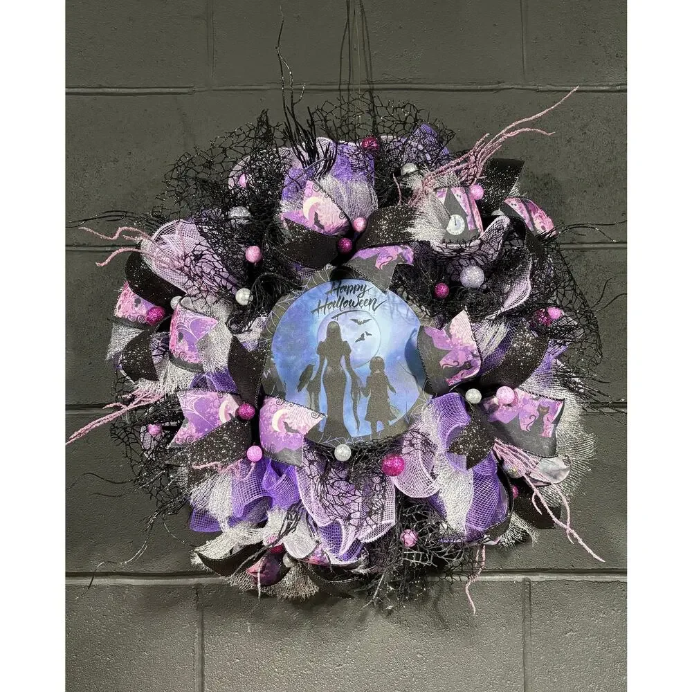 Witchy Halloween Wreath – Purple & Black Deco Mesh Door Decor – Handmade 24 inch - Picture 2 of 6